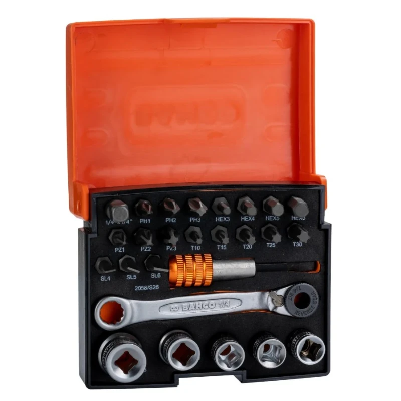 Bahco Screwdriver Bit Set Slotted Hex Torx Phillips Pozidriv Alloy Steel 26 Pieces 2058/S26