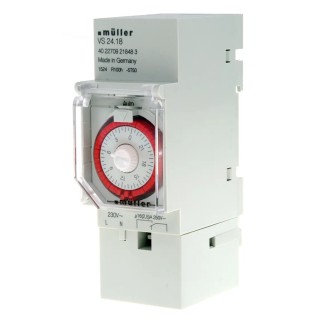 Muller Analogue DIN Rail Time Switch, 230V AC, 1 Channel, Segment Length 30min, Model VS 24.18 230V 50-60HZ