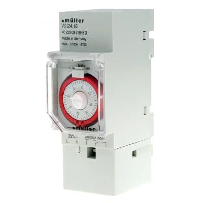 Muller Analogue DIN Rail Time Switch, 230V AC, 1 Channel, Segment Length 30min, Model VS 24.18 230V 50-60HZ