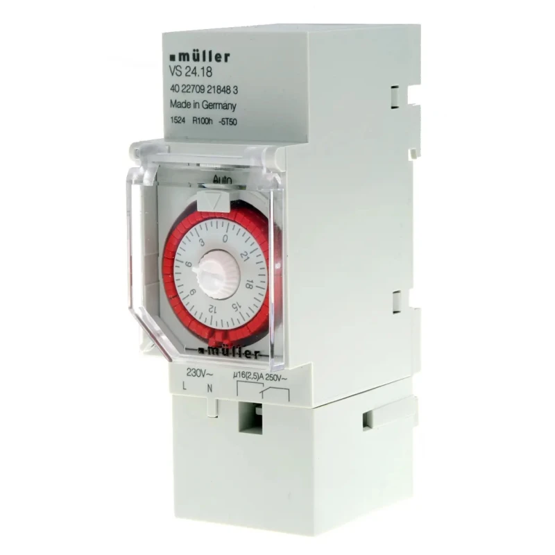 Muller Analogue DIN Rail Time Switch, 230V AC, 1 Channel, Segment Length 30min, Model VS 24.18 230V 50-60HZ