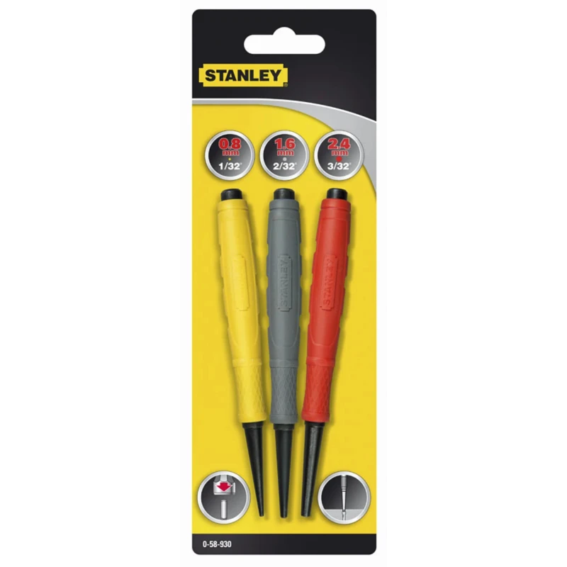 Stanley 3-Piece Pin Punch Set, Steel, 2.4mm Shank Diameter, 571.5mm Overall Length 0-58-930