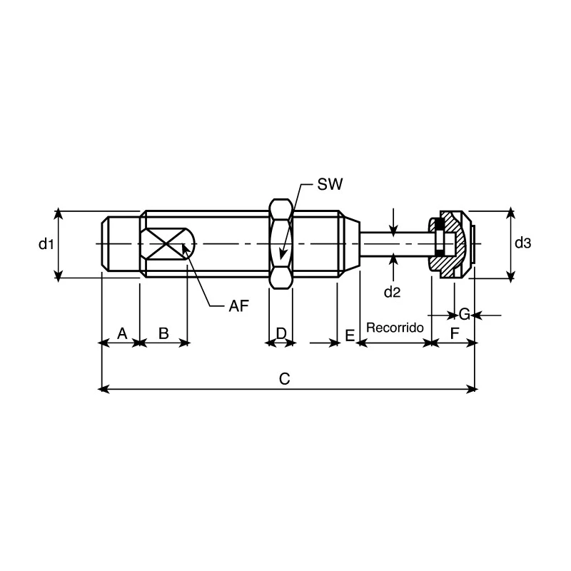 ACE Shock Absorber, Self Compensating Soft Contact, M25 x 1.5 Thread, Length 106.6 mm, Stroke 25.14 mm, Overall SC650EUM-3