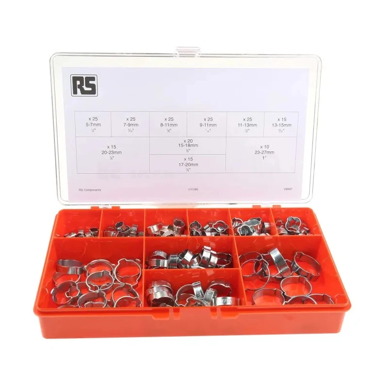 RS PRO 200 Piece Zinc Plated Steel Hose Clip Kit 23 mm - 27 mm 292-524