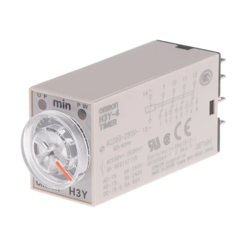Omron DIN Rail, Surface Mount Timer Relay 4PDT 125 V dc 200-230 V ac 0.2 to 5 min 1-Function H3Y-4 AC200-230 5M