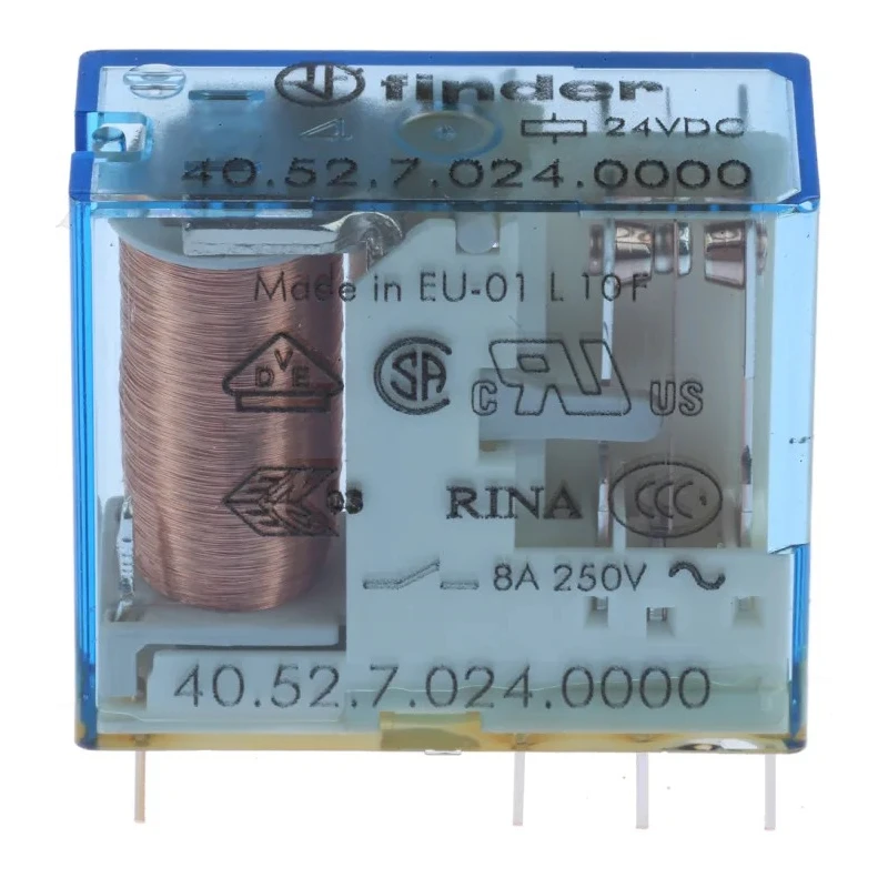 Finder Power Relay PCB Mount DPDT 24V DC Coil 8A Switching Current Silver Alloy Contacts 40.52.7.024.0000