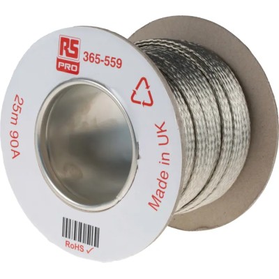 RS PRO Braided Wire 9.05 mm² CSA 24 x 12 x 0.20 mm 25 m Tin Copper Wire BS4109 365-559