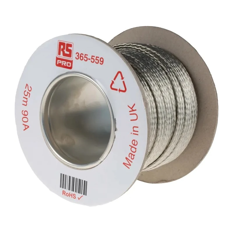 RS PRO Braided Wire 9.05 mm² CSA 24 x 12 x 0.20 mm 25 m Tin Copper Wire BS4109 365-559
