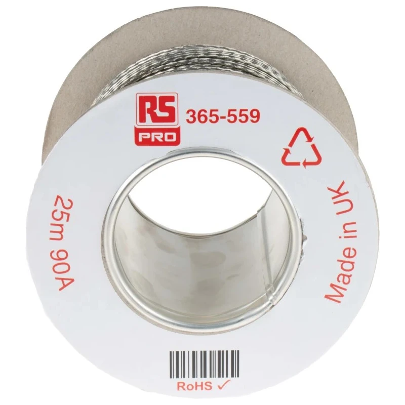 RS PRO Braided Wire 9.05 mm² CSA 24 x 12 x 0.20 mm 25 m Tin Copper Wire BS4109 365-559