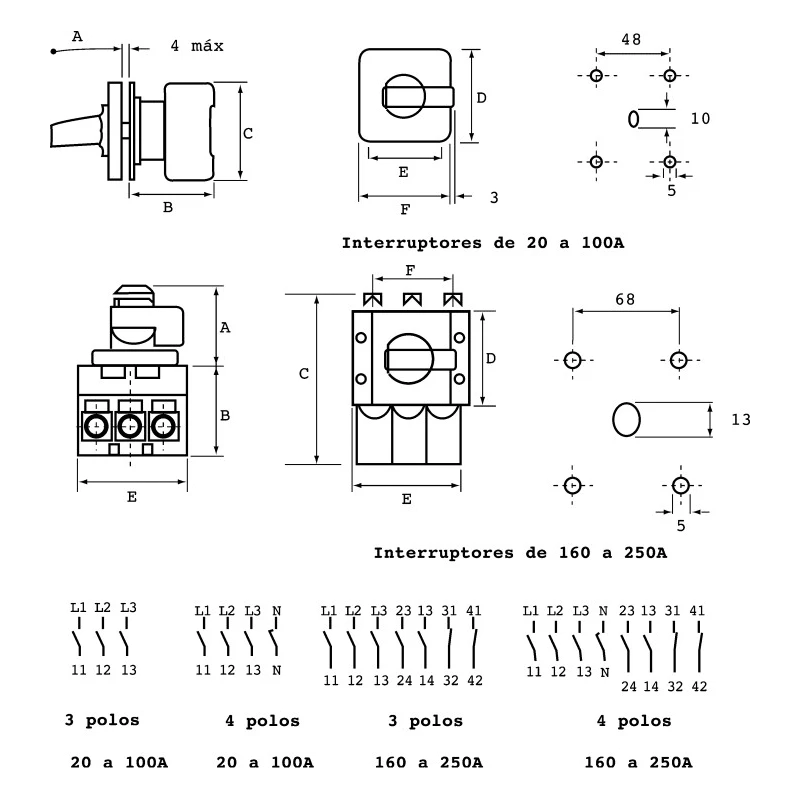 Kraus & Naimer 3-Pole Panel Mount Isolator Switch, IP65 Rated, 250A Switching Current, 5.5W Switching KG251.T203/GBA008.E