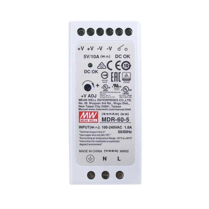 MEAN WELL Switched Mode DIN Rail Power Supply 1 Phase 264V AC Input 6V DC Output 10A 60W MDR-60-5