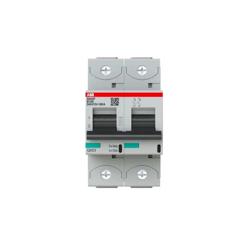 ABB High Performance S800N Miniature Circuit Breaker 2-Pole 100A Type B 690V AC 250V DC 36kA Breaking 2CCG001218R0001
