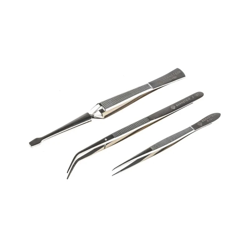 Bernstein Steel ESD Safe Tweezer Set 3 Piece, Anti-Magnetic, Anti-Acid, Solder Adhesion Resistant, Max Temp 1677°C 5-110