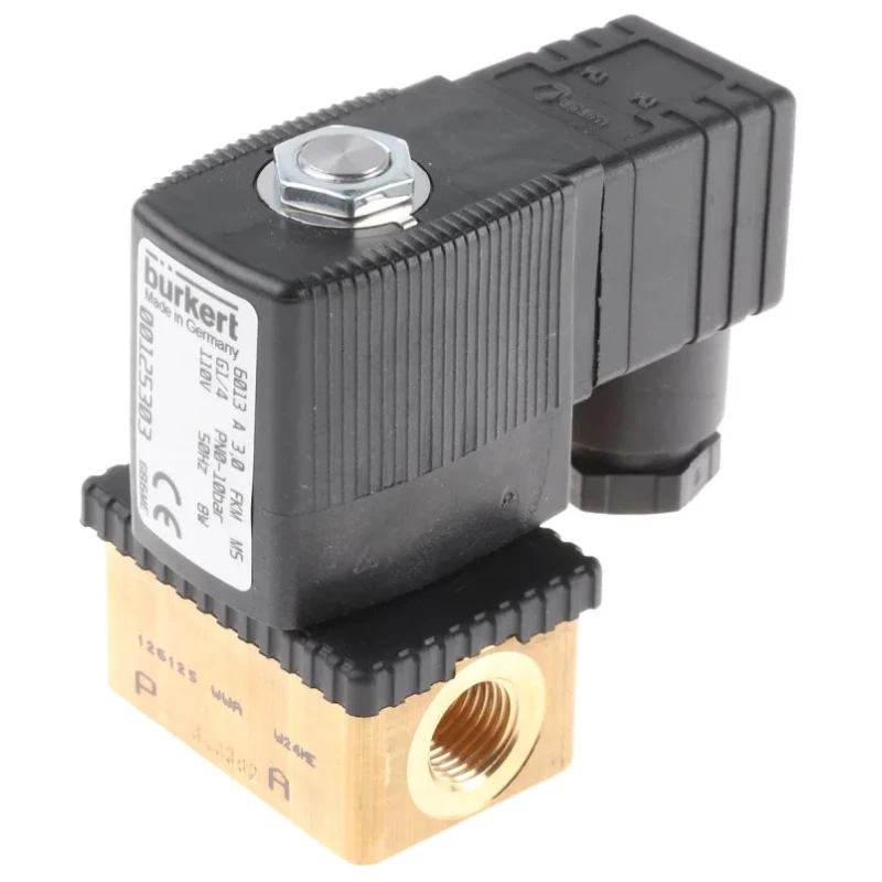 Burkert Brass Body Solenoid Valve 2 Port Normally Closed 110V AC 6.35 mm Orifice 3mm 125303