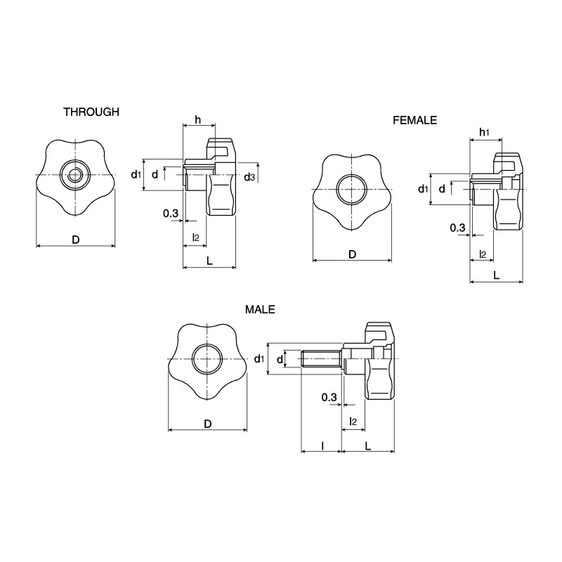 Elesa Black Polypropylene Fibreglass Reinforced Polyamide Based Technopolymer Multiple Lobes Clamping Knob 40 mm Dia 69901