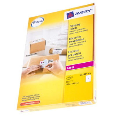 Avery White Adhesive Address Label Sheet 289.1mm x 199.6mm Laser Printer Compatible Pack of 100 L7167-100