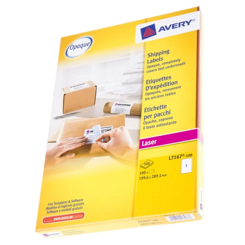 Avery White Adhesive Address Label Sheet 289.1mm x 199.6mm Laser Printer Compatible Pack of 100 L7167-100