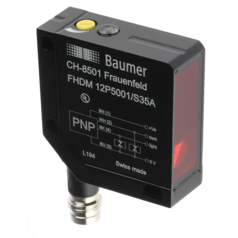 Baumer Diffuse Photoelectric Sensor Block Sensor 15 mm to 300 mm Detection Range PNP Output IP67 FHDM 12P5001/S35A