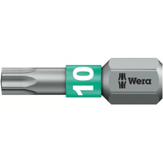 Wera Screwdriver Bit, 6.35 mm Hex Drive, T10 Tip, Chrome Plated Stainless Steel 05066120001