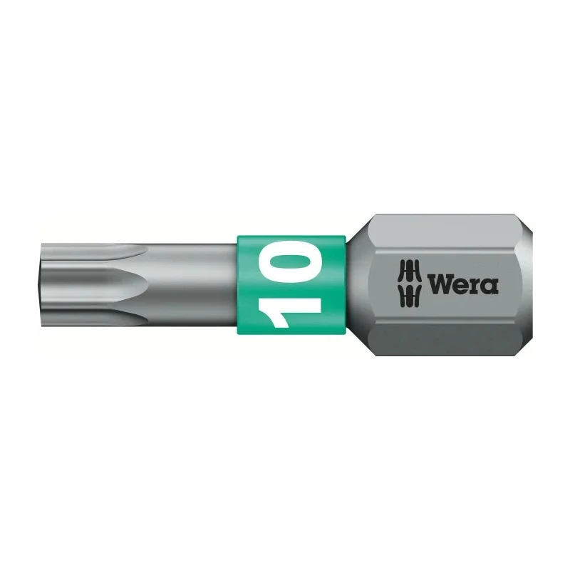 Wera Screwdriver Bit, 6.35 mm Hex Drive, T10 Tip, Chrome Plated Stainless Steel 05066120001