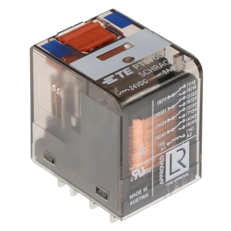 TE Connectivity 24V DC Coil Power Relay, 6A Switching Current, 4PDT, Silver Nickel Alloy Contacts PT570024 1-1393154-2