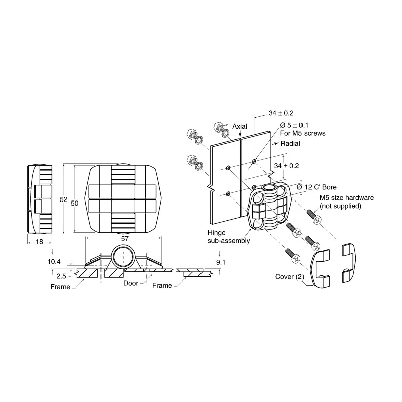 Southco Detent Hinge Black Acetal with Fixed Pin Screw Fixing 52mm x 57mm x 10.4mm C6-8