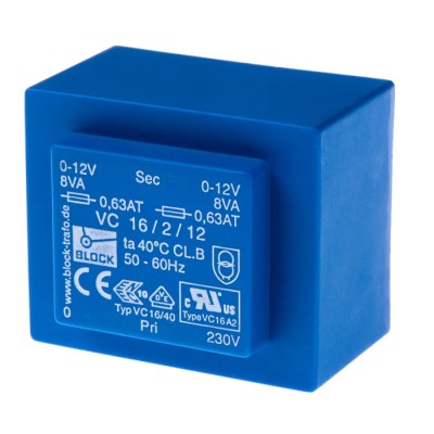 Block Pin Mount 16VA 2 x 12 V AC 230 V AC 2 Output PCB Transformer VC 16/2/12