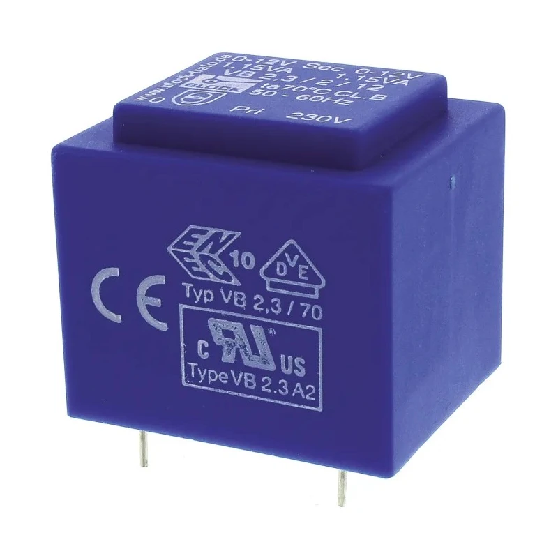 Block PCB Transformer 2 x 12 V AC 2 Output Pin, 230 V AC Primary, 2.3 VA Power, Pin Mount VB 2.3/2/12