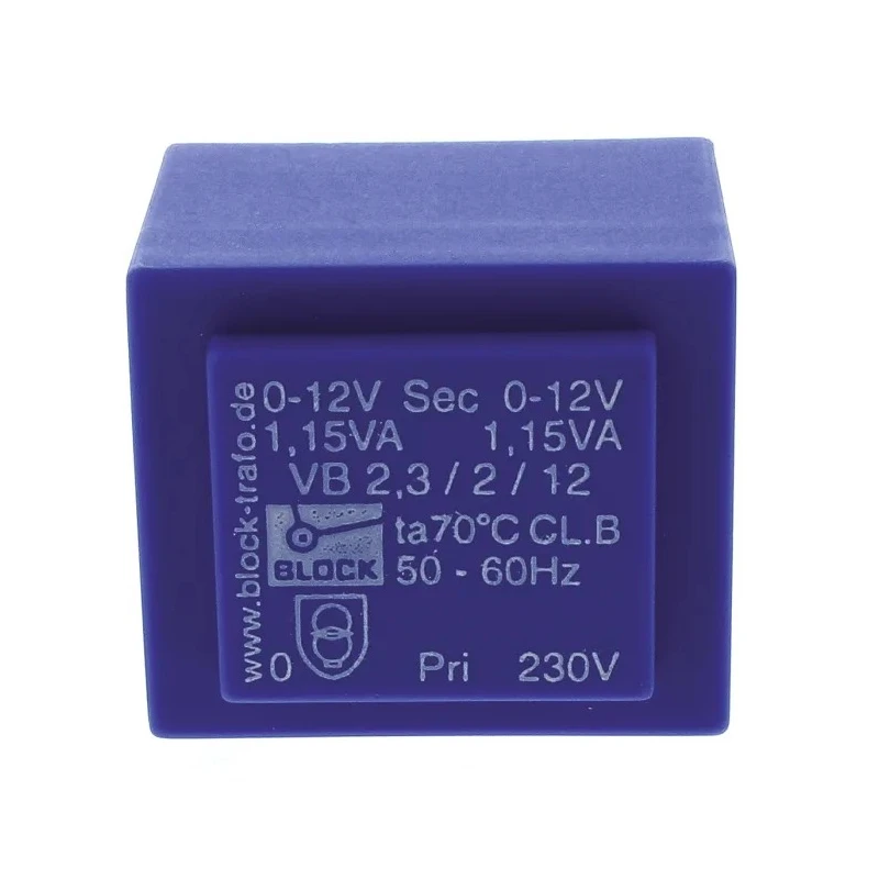 Block PCB Transformer 2 x 12 V AC 2 Output Pin, 230 V AC Primary, 2.3 VA Power, Pin Mount VB 2.3/2/12