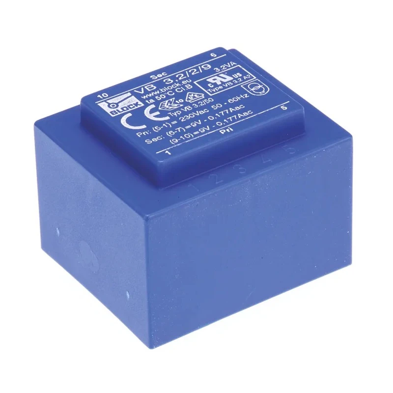 Block PCB Transformer 2 x 9 V AC 2 Output Pin, 3.2 VA, 230 V AC Primary, Short Circuit Proof VB 3.2/2/9