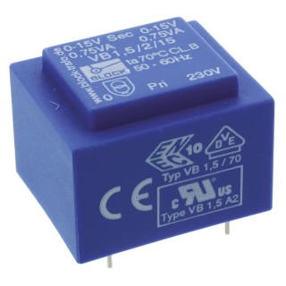 Block PCB Pin 6 to 2 x 24 V AC 2 Output Transformer, 3.2 VA, Pin Mount, UL 5085-1/-2, IEC 61558-2-1, DIN EN VB 1.5/2/15