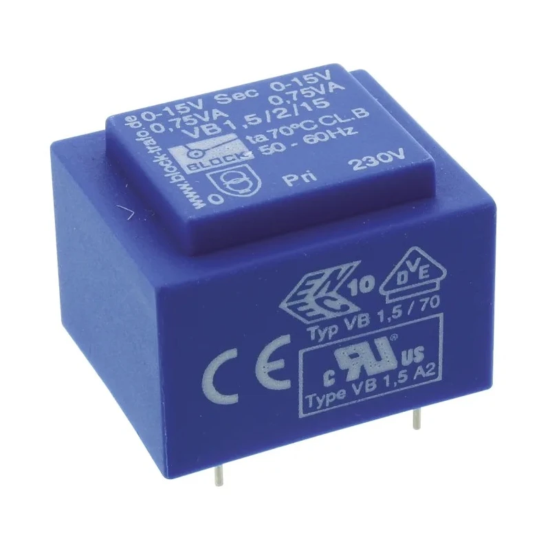 Block PCB Pin 6 to 2 x 24 V AC 2 Output Transformer, 3.2 VA, Pin Mount, UL 5085-1/-2, IEC 61558-2-1, DIN EN VB 1.5/2/15