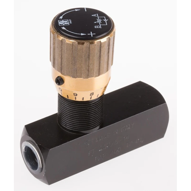 RS PRO Hydraulic Flow Control Valve In Line Mount Mounting 1/4 in Port Size, Steel Body, Nitrile Rubber Seals 390-7730