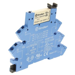 Finder 38 Series Interface Relay DIN Rail Mount 24V AC/DC Coil Voltage SPDT Contact 12mA Coil Current 6A 38.61.0.024.0060