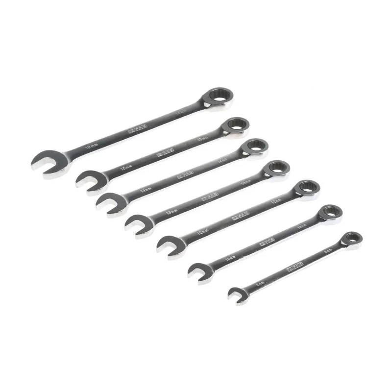 RS PRO 7-Piece Ratcheting Spanner Set, 8 To 18 mm, Chrome Vanadium Steel Chrome Finish 487-163