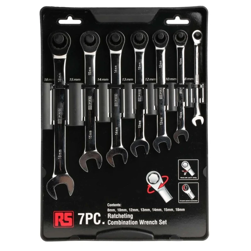 RS PRO 7-Piece Ratcheting Spanner Set, 8 To 18 mm, Chrome Vanadium Steel Chrome Finish 487-163