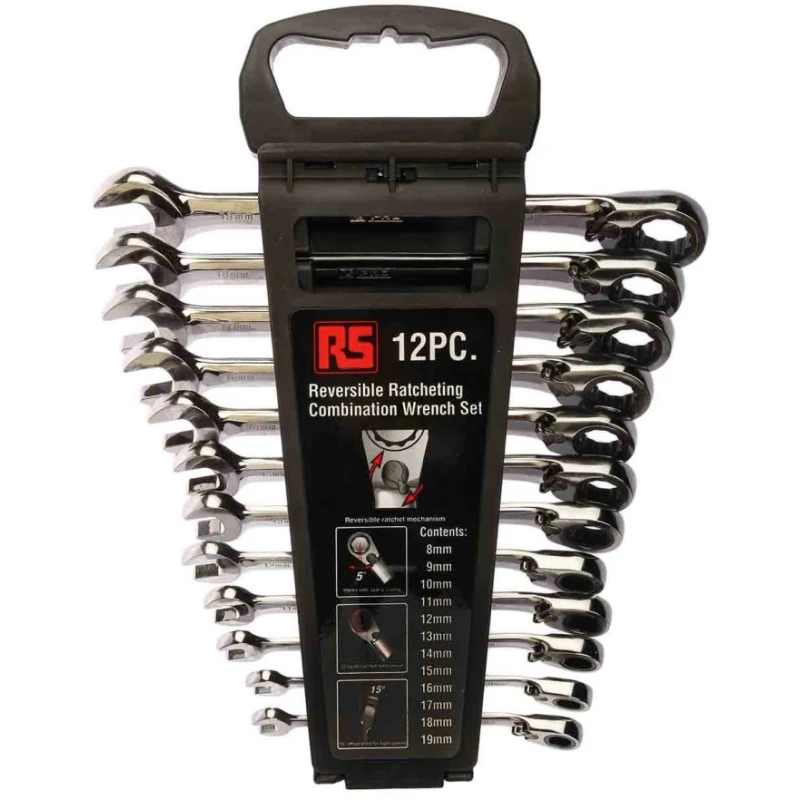 RS PRO 12-Piece Ratchet Spanner Set, 8 To 19 mm, Chrome Vanadium Steel 487-280