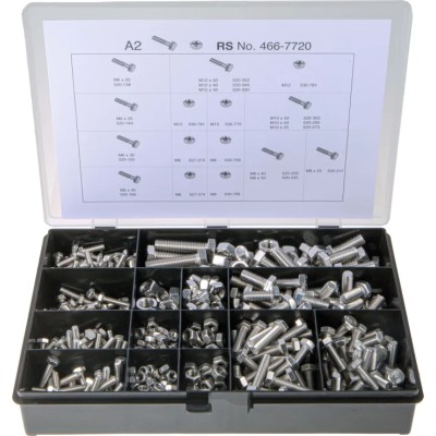 RS PRO Stainless Steel 624 Piece Hex Drive Screw Bolt Nut Kit Set Screw M6 M8 M10 M12 DIN 933 DIN 934 20-50mm 466-7720