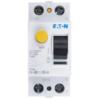 Eaton PXF-A Series Residual Current Circuit Breaker, 40A, 1-Pole, 300 mA Sensitivity, Type A, 500 A 236750 PXF-40/2/03-A