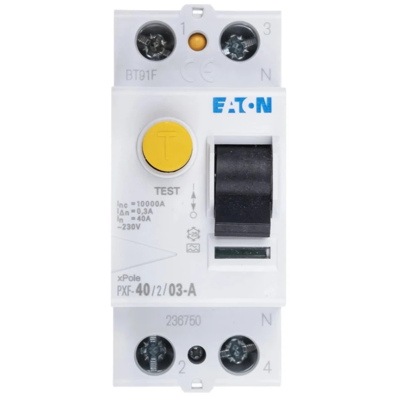 Eaton PXF-A Series Residual Current Circuit Breaker, 40A, 1-Pole, 300 mA Sensitivity, Type A, 500 A 236750 PXF-40/2/03-A