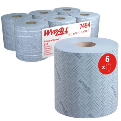 WYPALL L10 General Clean Blue Centrefeed Paper Towel Roll 185 x 380 mm 1 Ply 6 Rolls x 630 Sheets 7494
