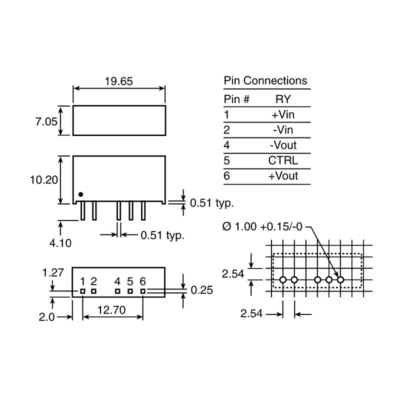 Recom DC/DC Converter through-hole SIP package 1 W power 12 V dc output 84 mA current RY-0512S