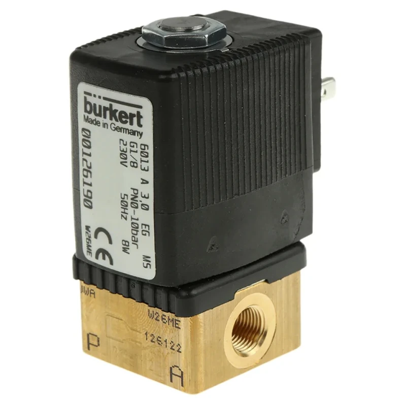 Burkert Brass Body Solenoid Valve 2 Port Normally Closed 230V AC 1/8 in G 3mm Orifice 126190