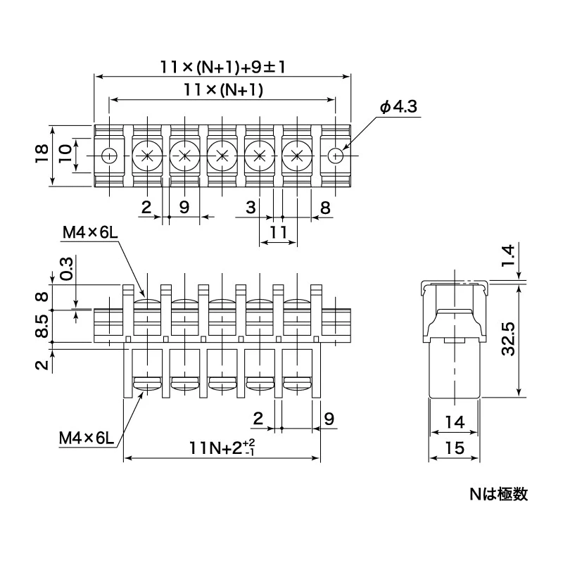 Yoshida Electric Industry Barrier Strip 6 Contact 11 mm Pitch 2 Row 250V 20A TS11-3E