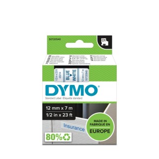 Dymo Blue on White Label Printer Tape, 12 mm Width, 7 m Length, Laminated, Industrial Strength Adhesive S0720540
