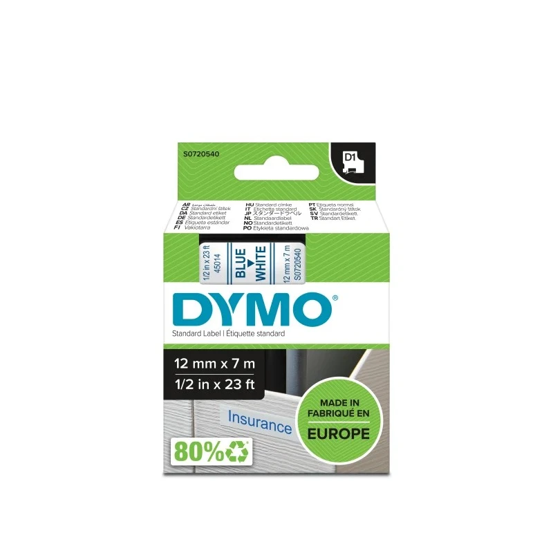 Dymo Blue on White Label Printer Tape, 12 mm Width, 7 m Length, Laminated, Industrial Strength Adhesive S0720540