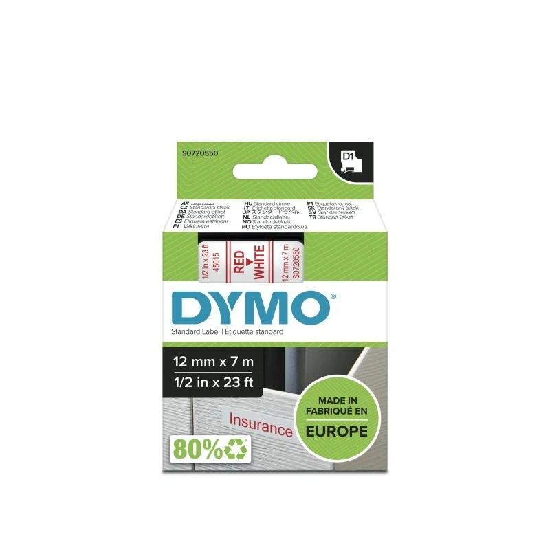 Dymo Red on White Label Printer Tape, 7 m Length, 12 mm Width S0720550