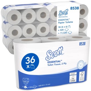 SCOTT Commercial Grade 2-Ply Toilet Roll 38.4m Roll Length 11520 Sheets 36 Rolls 45mm Core Diameter 8538
