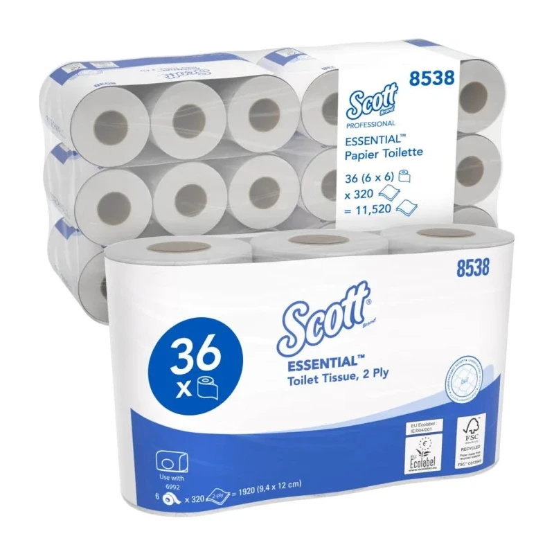 SCOTT Commercial Grade 2-Ply Toilet Roll 38.4m Roll Length 11520 Sheets 36 Rolls 45mm Core Diameter 8538