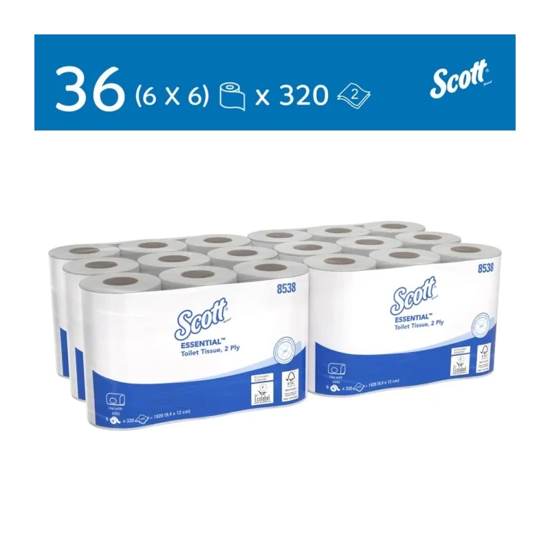 SCOTT Commercial Grade 2-Ply Toilet Roll 38.4m Roll Length 11520 Sheets 36 Rolls 45mm Core Diameter 8538