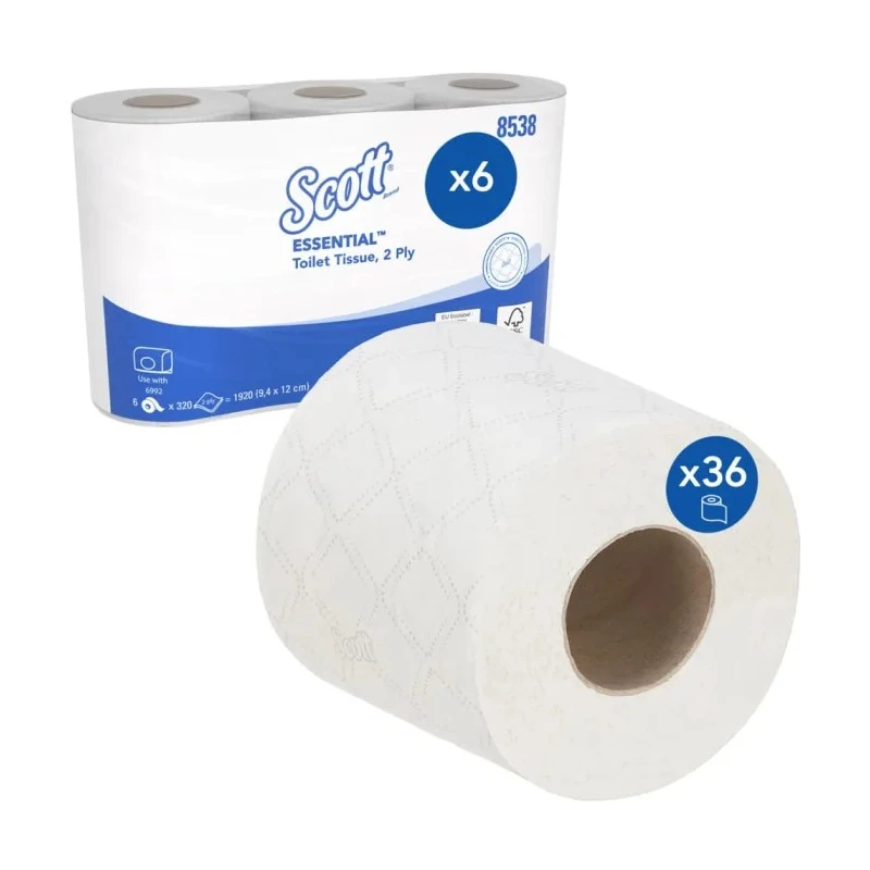 SCOTT Commercial Grade 2-Ply Toilet Roll 38.4m Roll Length 11520 Sheets 36 Rolls 45mm Core Diameter 8538